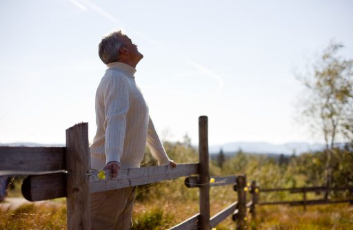 Älterer Mann lehnt an einem Holzzaun in einer sonnigen Naturlandschaft und atmet bewusst die frische Luft ein – Biohacking durch Natur und Achtsamkeit.
